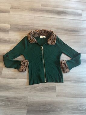 Forest Green Ribbed Zip Cardigan with Leopard Faux-Fur Trim